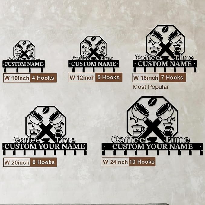 Coffee Bar Keys Holder - Metal Iron Wall Hooks with Custom Name | Personalized Home Decor & Gift Idea | Coffee-Themed Text Engraving Design (Style I)