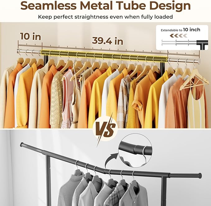 Heavy-Duty 450LBS Capacity Metal Clothes Rack，Rolling Clothing Rack with Wheels & Shelves, Portable Standing Wardrobe Rack for Hanging Clothes, Black