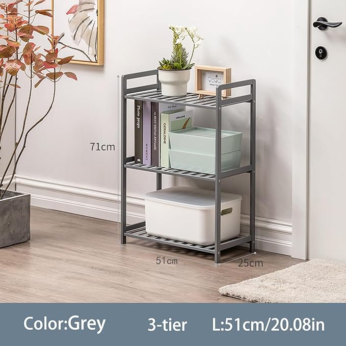 Bamboo Shelf, 4-Tier Bookcase Storage Shelves, Small Book Rack Shelving Unit, Multipurpose Storage Display Shelf for Bathroom Kitchen Living Room Office (3-Tier Grey-20.08in)