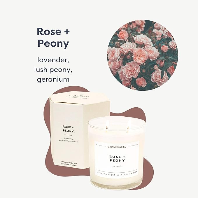Calyan Wax Co. Rose & Peony 2 Wick Scented Candle - 37 Hour Burn - Luxury Non Toxic Soy Wax Candles - Long Lasting Large Glass Jar Candle for Home - 8.8oz