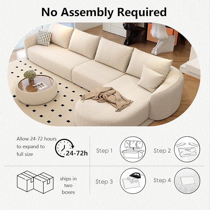 138.6" Modular Sectional Couches Luxury Modern Curved Back Sofa,Minimalist Comfy L-Shape Boneless Cloud Couch for Living Room Apartment,(Right Facing Chaise,White)