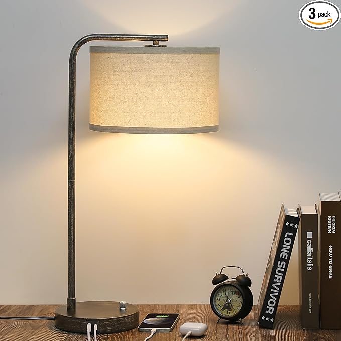 Seaside village Bedside Table Lamp with USB C+A Charging Ports, Fully Dimmable Industrial Tall Nightstand Reading Desk Lamp for Bedroom, Living Room, Office, 9W LED Bulb Included