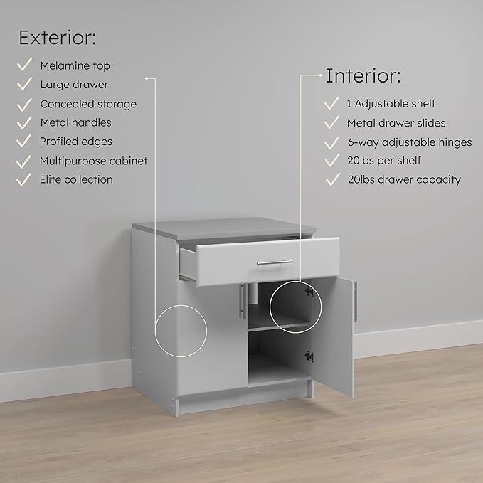 Prepac Elite 36" Tall Storage Cabinet with Doors and Shelves, Multipurpose Garage Cabinet with Large Drawer and Adjustable Shelf, Open Back Storage Furniture for Kitchen, Laundry Room, Garage, White