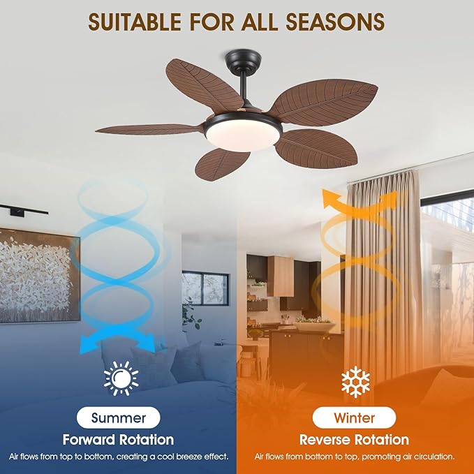 Ceiling Fans with Lights and Remote/APP Control, 48 Inch Tropical Ceiling Fan for Bedroom Living Room, Outdoor Palm Leaf Ceiling Fan for Patios Porch, Dimmable, 6 Speeds, Reversible, Brown