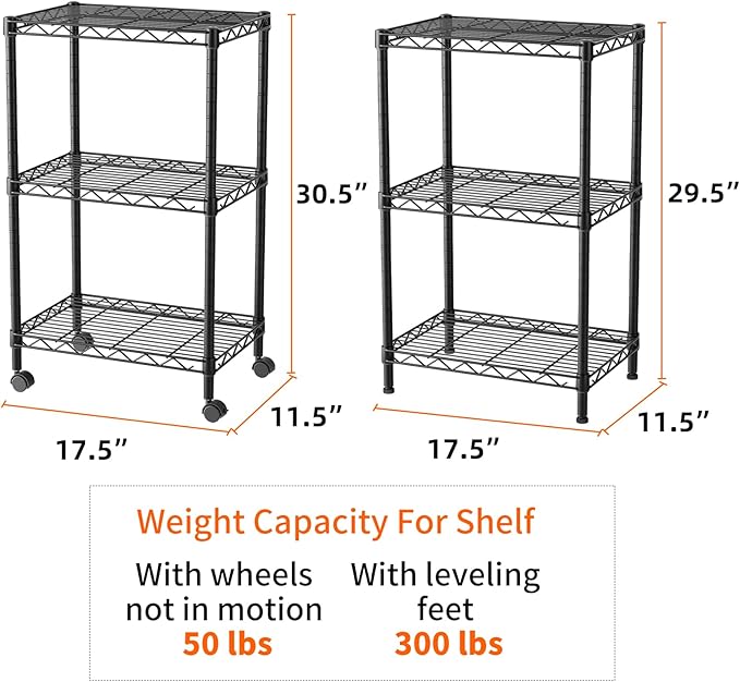 SINGAYE 3 Small Shelves Storage Shelf Wire Shelving Unit Metal Shelf Adjustable Organizers Storage Shelving with Wheels for Bathroom Laundry Room Kitchen Pantry11.5”D x 17.5”W x 30.5”H Black