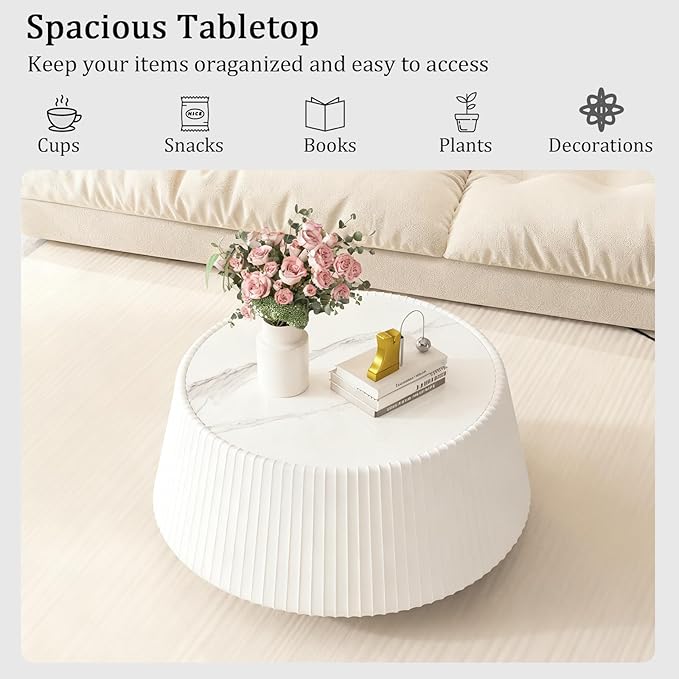 Round Coffee Table Set with Sintered Stone Tabletop, 26.77" White Drum Center Table and 19.68" White Coffee Table Set, 2 Pieces Living Room Table Set with Fluted PU Leather Cover& Stable Base