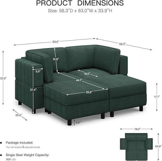 63" Modular Sectional Sofa with Storage Seat,Corduroy Sectional Couch Convertible 4 Seat Modular Sleeper Sofa Couch with Movable Ottoman Chaise,Comfy Sectional Couches for Living Room,Green