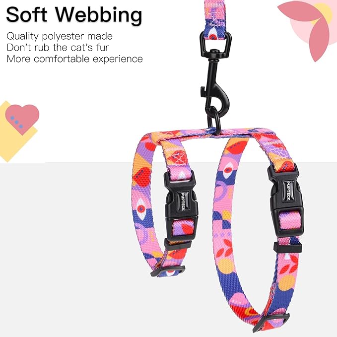 PUPTECK Adjustable Cat Harness and Leash Set Escape Proof Kitten Strap Collar for Walking Travel, Printed Pink