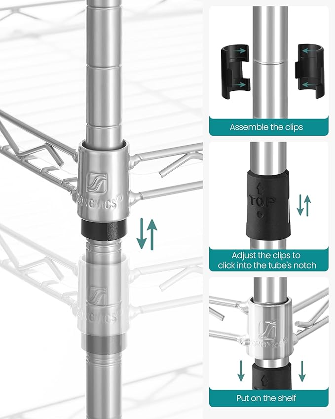 SONGMICS 5-Tier Bathroom Shelf, Storage Rack for Small Space, with 5 PP Shelf Liners, Removable Hook, Extendable Design, Silver and Translucent ULGR023S01