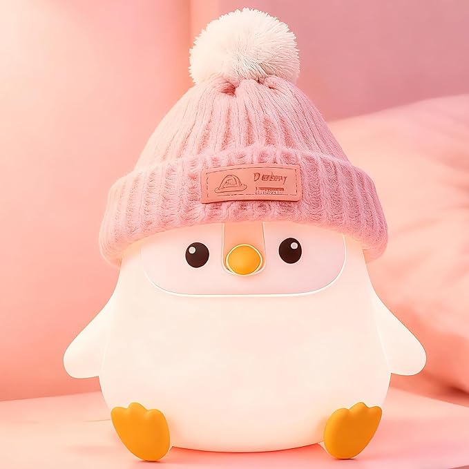 Penguin Silicone Night Light, Cute Pink Penguin Lamp with Hat, Nursery Nightlight for Baby , Rechargeable/Dimmable,LED Squishy Novelty Animal Bedside Touch Lamp,Funny Christmas Gifts for Kids/Girls