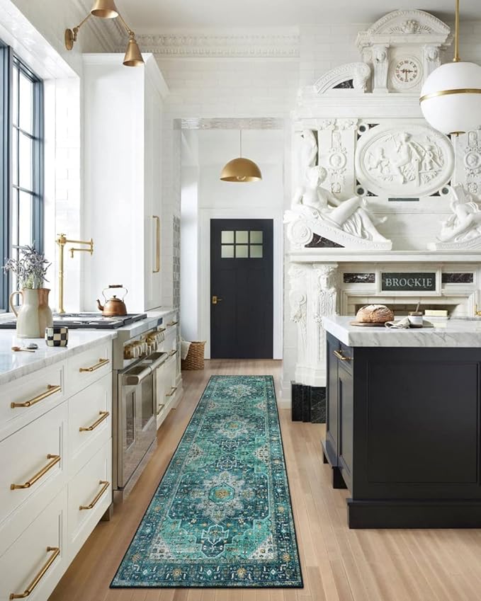 Moynesa Ultra-Thin Washable Runner Rug - 2'6" x 10' Teal Runners for Hallways Stair Carpet Runner, Oriental Non Skid Non Shedding Low Pile Kitchen Mat for Bedroom Mudroom Hardwood Floor