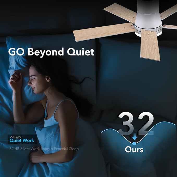 Rayqueen 42 Inch Ceiling Fans with Lights and Remote, Flush Mount White Ceiling Fan, 6 Speed Reversible DC Motor, 3CCT Dimmable LED-Low Profile Design for Bedroom, Living room & Covered Outdoor