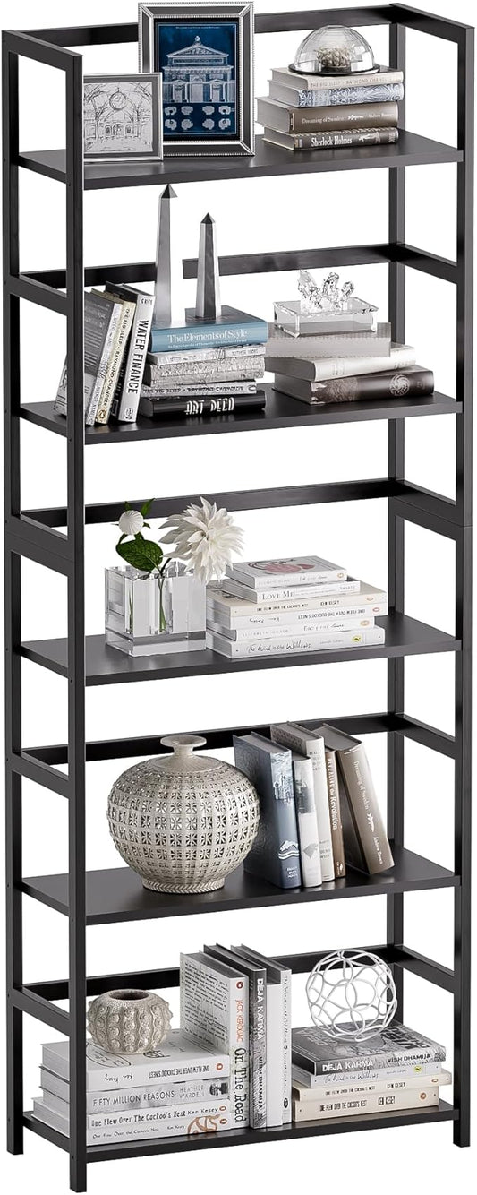 5-Tier Bamboo Wood Ladder Bookshelf, Tall Display Storage Shelf, Large Bookcase Modern Industrial Stand Organizer for Home, Office, Living Room, Kitchen, Bedroom, Black