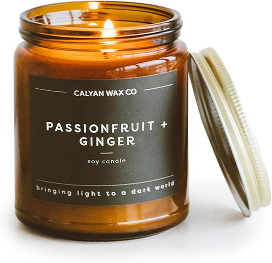 Calyan Wax Co. Passionfruit & Ginger Scented Candle - 57 Hour Burn - Luxury Non Toxic Soy Wax Candles - Long Lasting Amber Glass Jar Candle for Home - 7.2oz