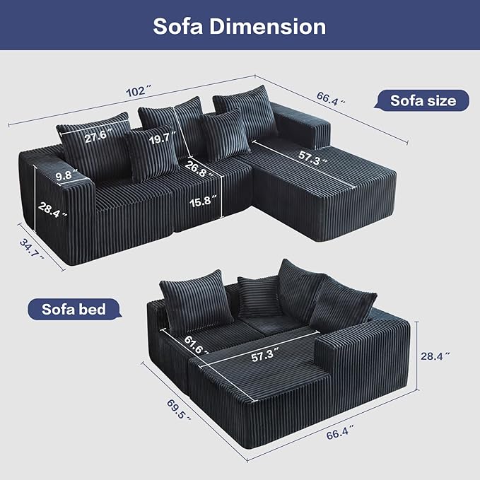 102" L-Shaped Couch for Living Room,Modular Sectional Cloud Couch with Ottoman,Boneless Sofa in A Box,Upholstered Couches for Bedroom,Beige Sofa with Oversized Chaise