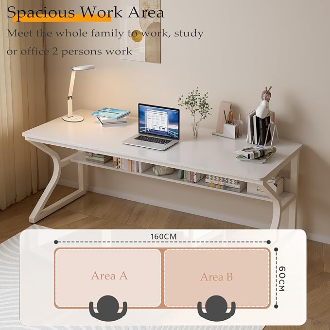 Extra Long Desk with Bookshelf - 63" Double Long Writing Table for 2-Person Workstation, Modern Study Work Computer Desk for Home and Office, Warm White