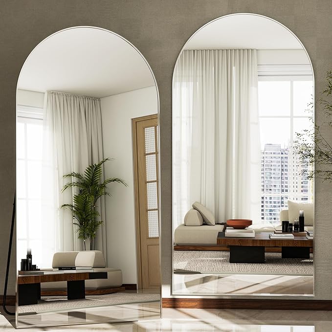 GLSLAND-30x71 inch Wall Mount Arched Full Length Mirror-Aluminum Alloy Frame High Definition-Full Body Mirror for Bedroom or Living Room,Silver