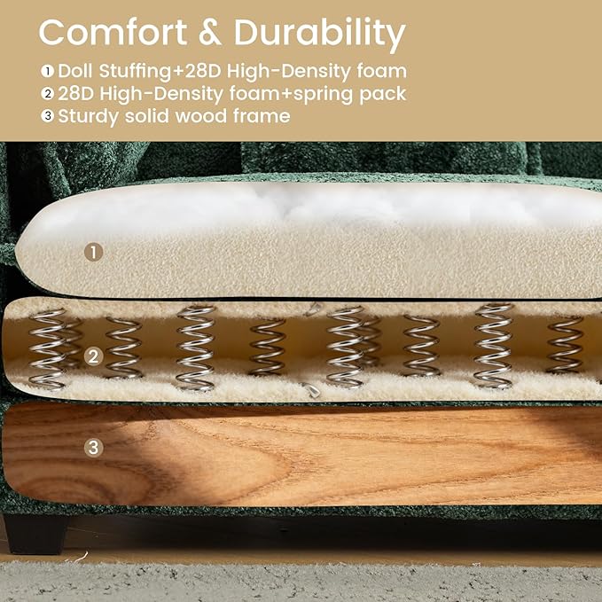 112" U Shaped Modular Sectional Sofa, 3 Seater Comfy Cloud Couch with Movable Ottoman, Deep Seat Couches for Living Room, Bedroom, Apartment (Green)