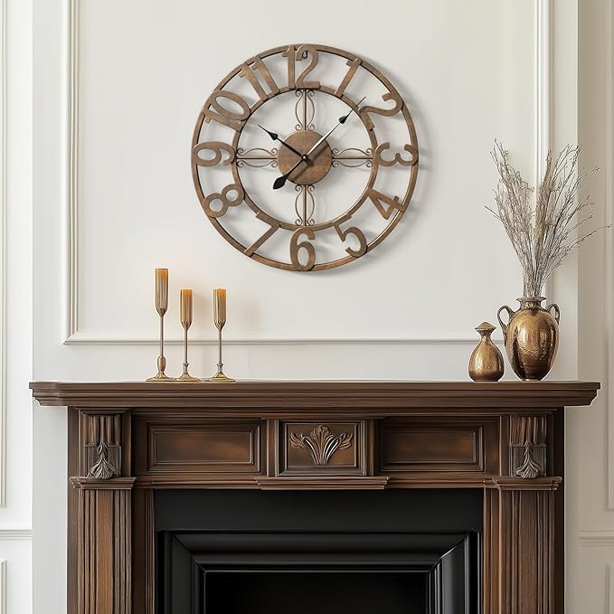 Cuspin Wall Clock, 16 Inch Bronze Metal Wall Clock Silent Non-Ticking Battery Operated, Large Round Retro Arabic Numerals Analog Decorative Clocks for Living Room Kitchen Mantel Office