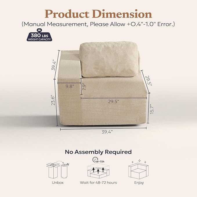 40" Modular Upholstered Foam Couch, Upholstered Floor Sofa Couch with Pillow, Single Sofa for Bedroom Living Room, No Assembly Required (Corduroy Fabric, Beige)