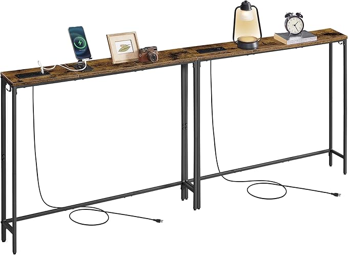 VASAGLE Set of 2 Console Tables with Power Outlets, Slim Behind Couch Sofa Tables, 5.9 x 39.4 x 31.5 Inches, 2 Hooks, Easy Assembly, for Entryway, Living Room, Rustic Brown and Ink Black ULNT078K01