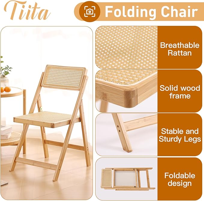 Tiita Rattan Dining Chairs Set of 1, Mid Century Modern Folding Chair, Bamboo Folding Dining Chairs for Small Space, Dining Room, Living Room, Bedroom, Wood