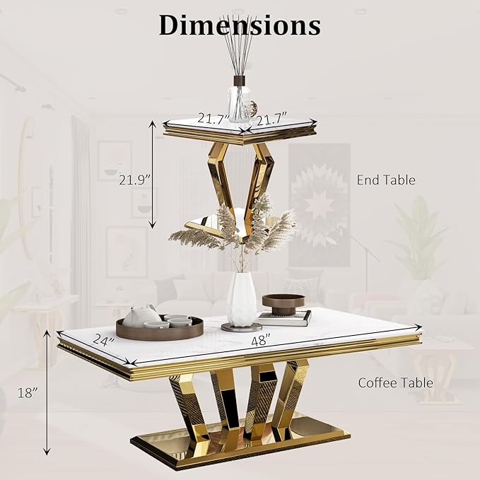 Living Room Table Set, 2-Piece Table Set Includes Coffee Table & End Tables, White and Gold Table Set for Home Apartment Office