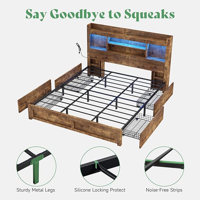 AMERLIFE King Size Bed Frame with 4 Storage Drawer & 2 Slide Bedside Table, Wood Bed Frame with 49.6" Tall Bookcase Headboard, LED Platform Bed with Charging Station, No Box Spring Needed/Rustic Brown