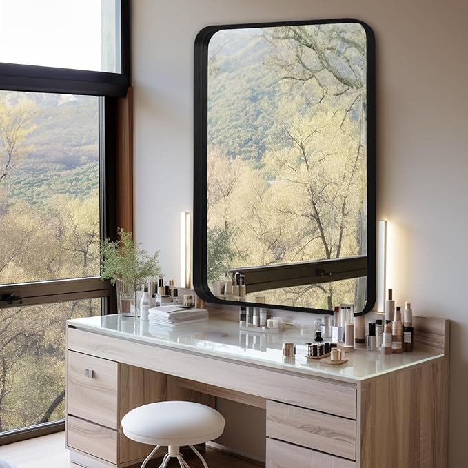 Wall Mirror 24" x 36" Black Metal Deep Frame for Bathroom, Living Room, Bedroom, Entryway - Decorative Rectangular Round Corner Mounted Vanity Mirror