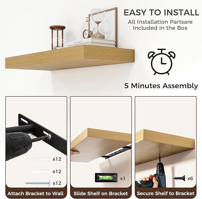 Floating Shelves for Wall, 30" W x 12" D x 2" H, 2 Pack of Long Wall Mounted Engineered Wood Shelves with Invisible Brackets for Living Room, Bedroom, Bathroom, Kitchen Decor, Oak