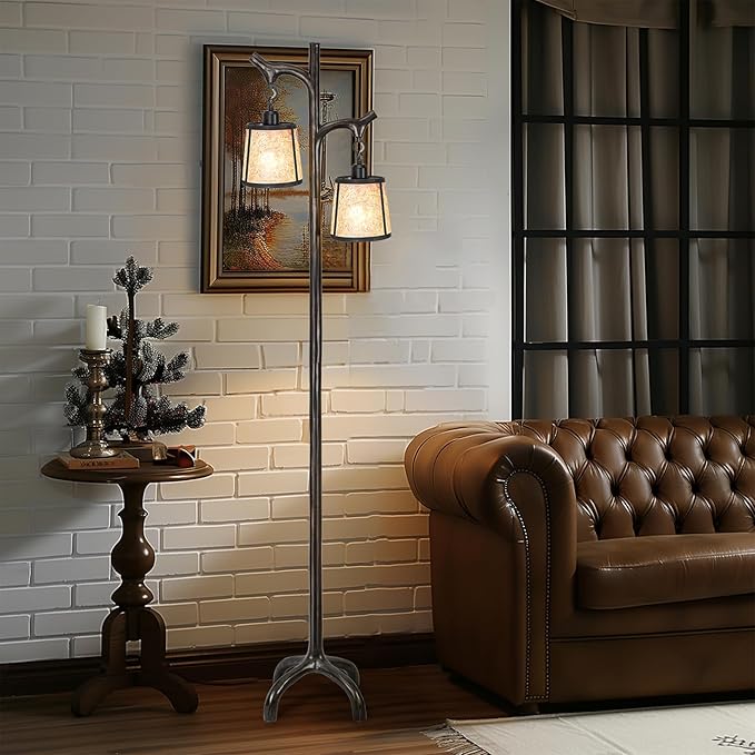 68" Farmhouse Floor Lamp With Mica Shade For Living Room,Modern Industrial Vintage Standing Floor Lamp for Bedroom ,Stepless Dimmable Rustic Tree Trunk Tall Lamp For Office,Living Room (Bulb Included)