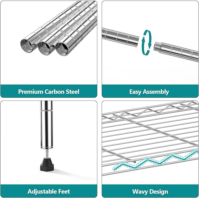 IZEUK 5-Tier Chrome Metal Storage Shelves, Adjustable Wire Shelving Unit for Kitchen, Bathroom, Pantry, Office, Garage, Organizer Wire Rack, 1250 lbs, 13.7" D x 23.6" W x 53.4" H