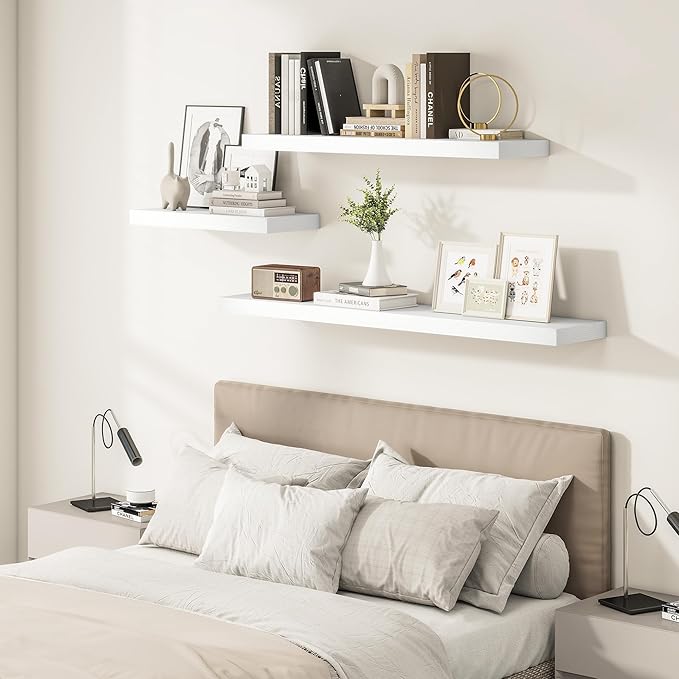 Vivelove 2" Thick Floating Shelves, 47.2 Inch X 12 Deep Shelves for Room Wall Mounted, Floating Shelf for Living Room Bedroom Bathroom Kitchen Laundry Room, Set of 2 White