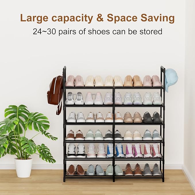 2-Row 6-Tier Stackable Shoe Rack, Black Metal Shoe Shelf with Multifunctional Hooks, Hold 24-30 Pairs, Space Saving Shoes Organizer for Closet,Show Rack