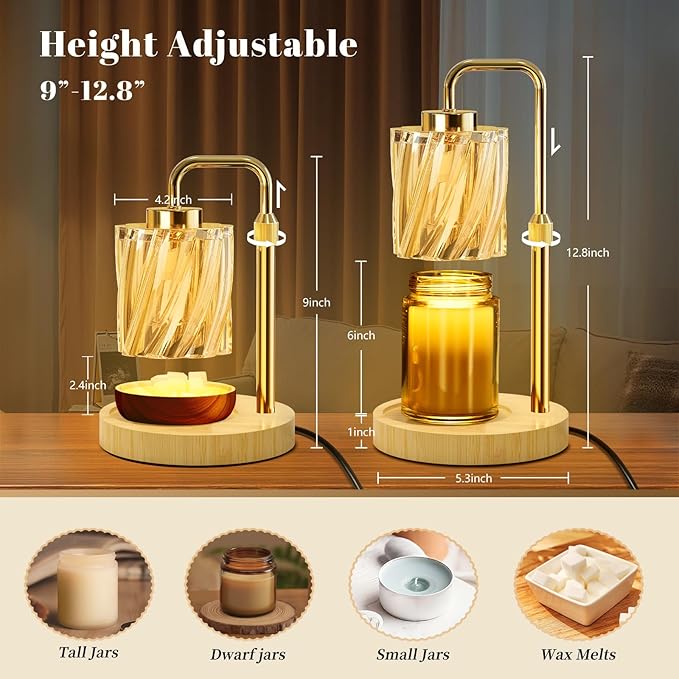 WarmEmbrace Candle Warmer Lamp with Adjustable Height& & Timer Dimmable Light, Gifts for Mom Women, House Warming Gifts New Home Bedroom Decor, Wax Melt Warmer for Jar Candles with 2 Bulbs/Gold