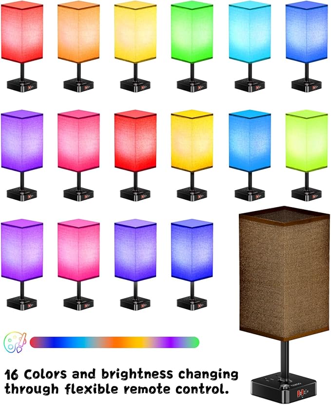 Bluetooth/WiFi RGB & USB Bedside Table Lamp with 3 USB Charging Ports 2 Outlets Power Strip, LED Light Bulb Dimmable, Music Sync Color Changing Light (RGB - Brown Shade)