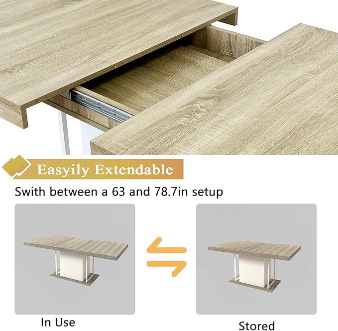 Goujxcy 78.7" Farmhouse Extendable Dining Room Table Set for 6, 7-Piece Rectangle Kitchen Dining Room Table Set with Wood Base and 6 Beige Velvet Dining Chairs, Extending Kitchen & Dining Table Set