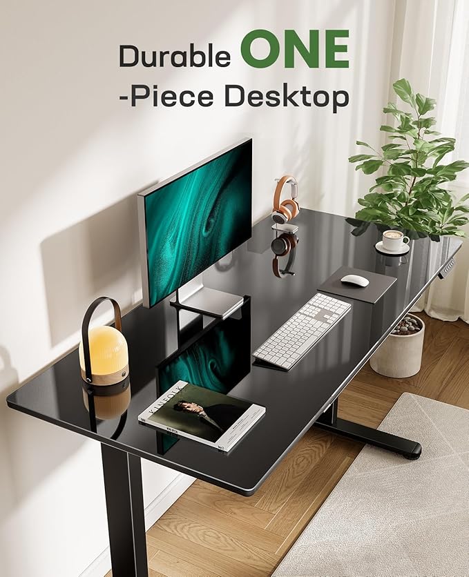 Marsail Glass Electric Standing Desk with Drawer, 48 x 24 Inches Height-Adjustable Desk, One-Piece Tempered Glass Top, Ergonomic Home Office Sit Stand Desk with 4 Preset Heights, Black