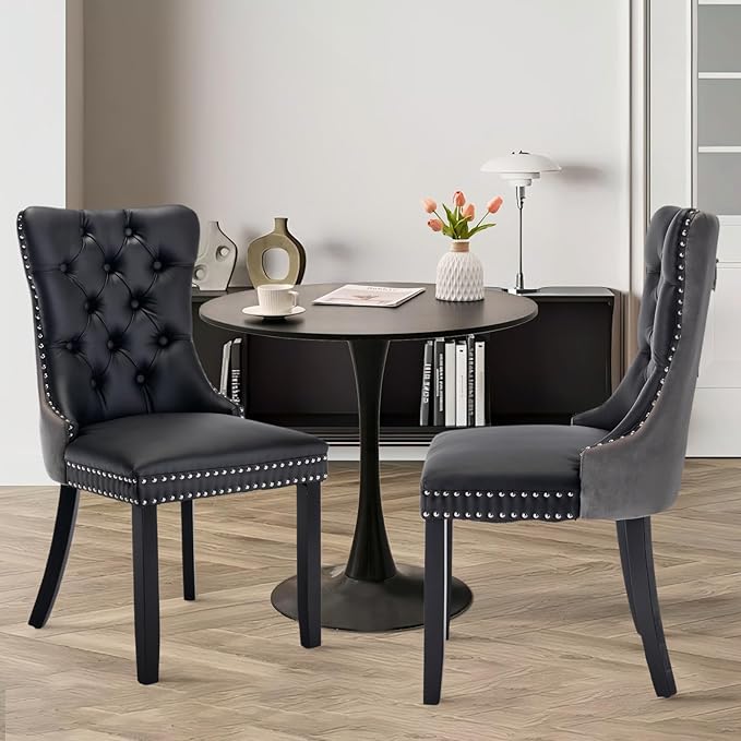 SoarFlash Kitchen Table and Chairs for 2, 31.5" Dining Table Set for 2 with Leather Upholstered Chairs, 3 Piece Round Kitchen Table Set, Dining Room Table Set for Small Space, Apartment, Black/Grey