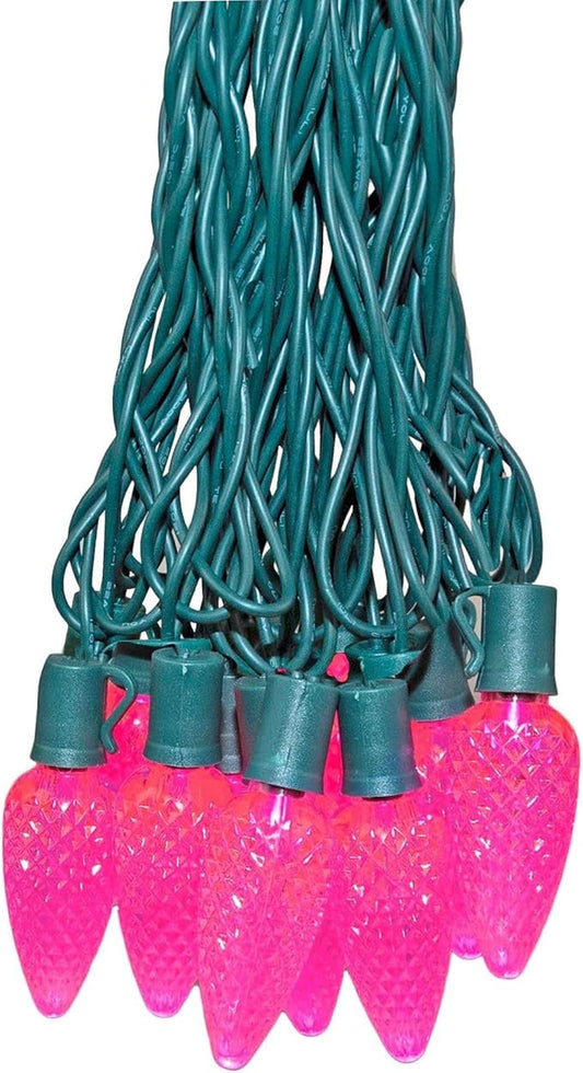 Novelty Lights 25 Feet 25 Light C9 Diamond Faceted LED String Lights, Pink, Pre-Lamped Holiday Lights on Green Wire, UL Listed Indoor/Outdoor, Connectable End-to-End