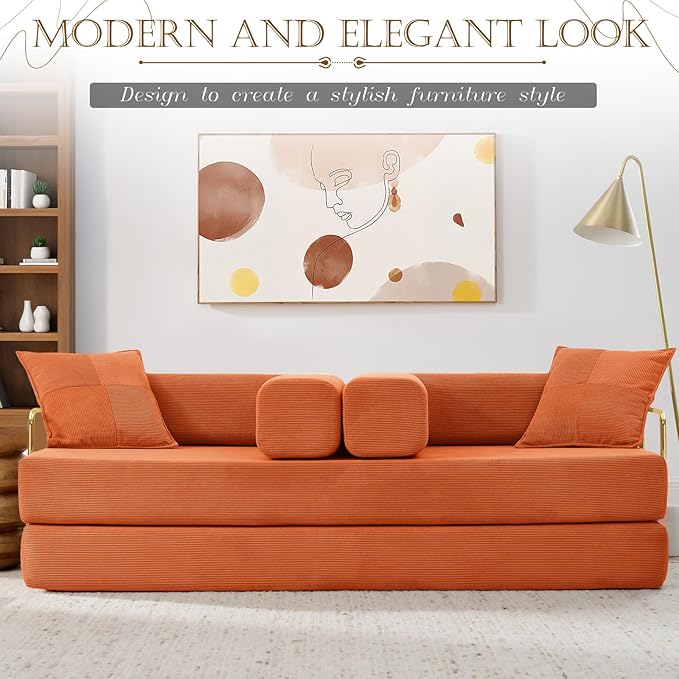Antetek Convertible Futon Sofa Bed, 3-Seater Modern Corduroy Foam Floor King Size Bed Fold Out Sleeper Lounge Loveseat Sofa Couch with 2 Throw Pillows for Living Room Bedroom Guest Room, Orange