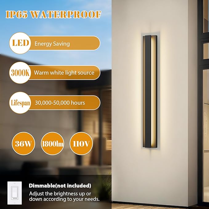 LamQee 39.4 Inch Long Outdoor Wall Lights Modern Exterior Lighting Fixtures, 3000K 30W LED Linear Outdoor Wall Sconce, Contemporary Matte Black Outside Wall Mount Lights for House Garage Porch Patio