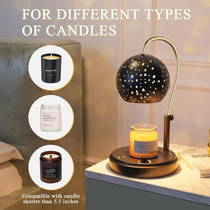 Candle Warmer Lamp with Timer, Candle Warmer Lamp Adjustable Height with 2 Bulbs, Dimmable Electric Candle Warming Lamp for Scented Jar Candles, Black