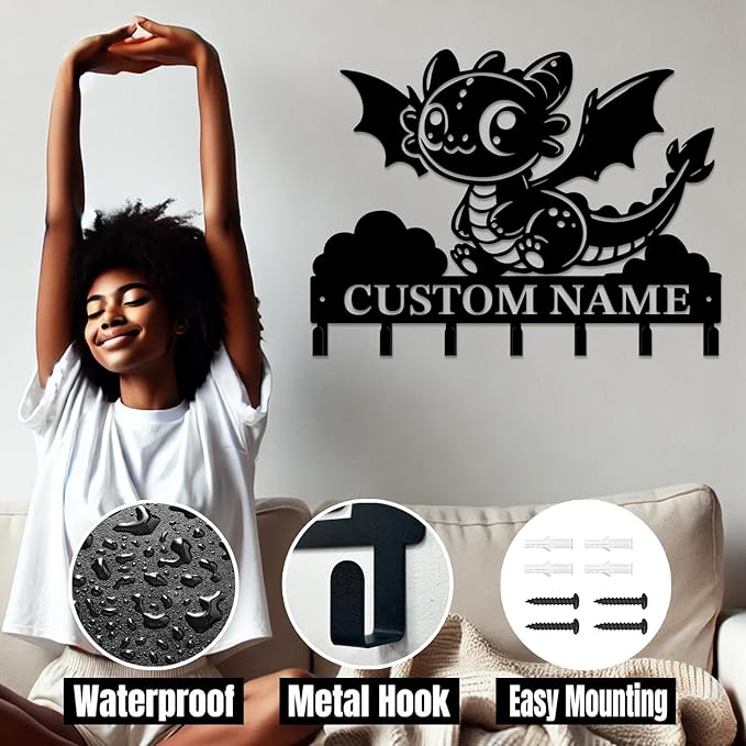 Personalized Evil Dragons Keys Hooks,Custom Name Metal Dragons Art Keys Hooks,Metal Dragons Lover Wall Home Storage Decorative Keys Hooks,Key Holder Hooks for Wall (Style H)