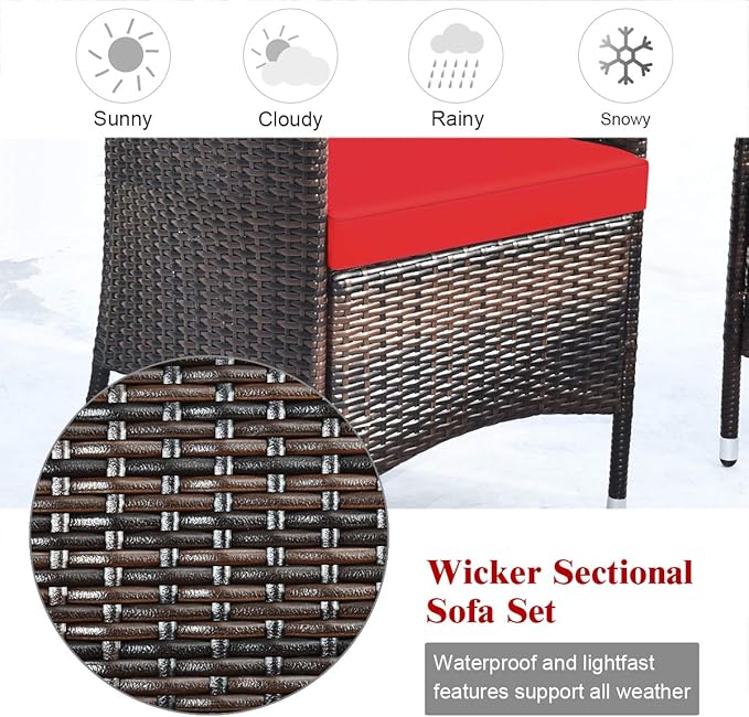 Tangkula 4 PCS Patio Rattan Conversation Set, Outdoor Wicker Furniture with Tempered Glass Coffee Table & Thick Cushion, Rattan Chair Wicker Set for Garden, Lawn, Poolside and Backyard (1, Red)