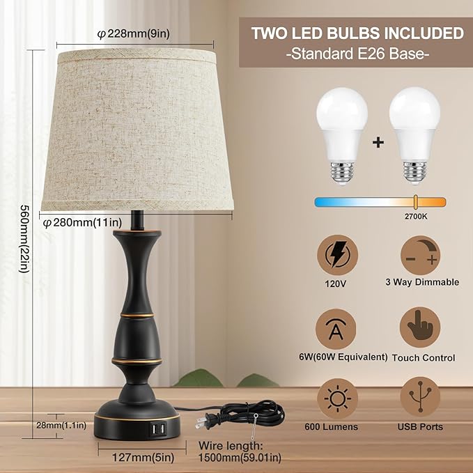 Luvkczc Touch Table Lamps Set of 2, 22" Tall Bedside Lamps with Dual USB A Ports, Dimmable Nightstand Lamps for Bedroom, Living Room, Office, Black Lamps with Beige Lampshade, Bulb Included