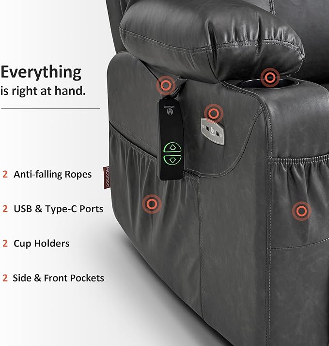 MCombo Electric Power Lift Recliner Chair Sofa with Massage and Heat for Elderly, 3 Positions, 2 Side Pockets, and Cup Holders, USB Ports, Faux Leather 7040 (Grey, Medium)