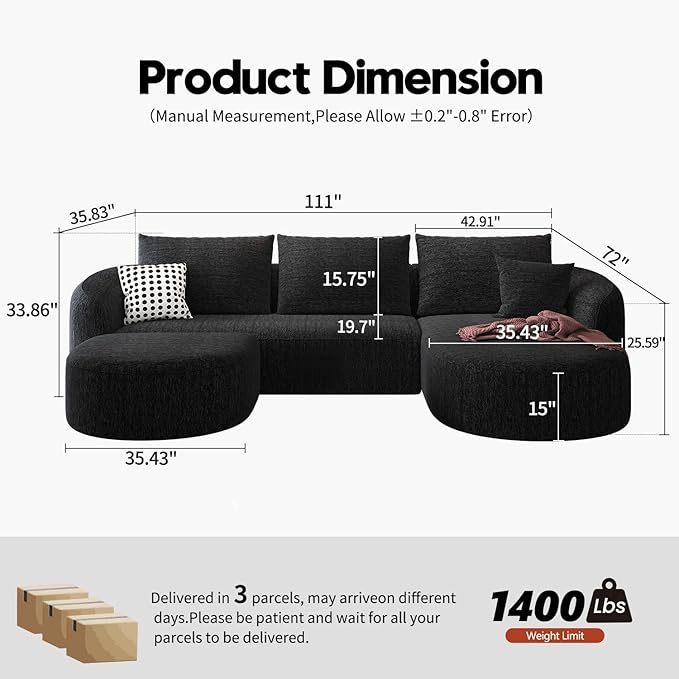 111" Modular Sectional Couches Luxury Modern Curved Back U-Shape Sofa Set with Ottoman,Minimalist Comfy Boneless Cloud Couch for Living Room Apartment,(Right Facing Chaise,Black)