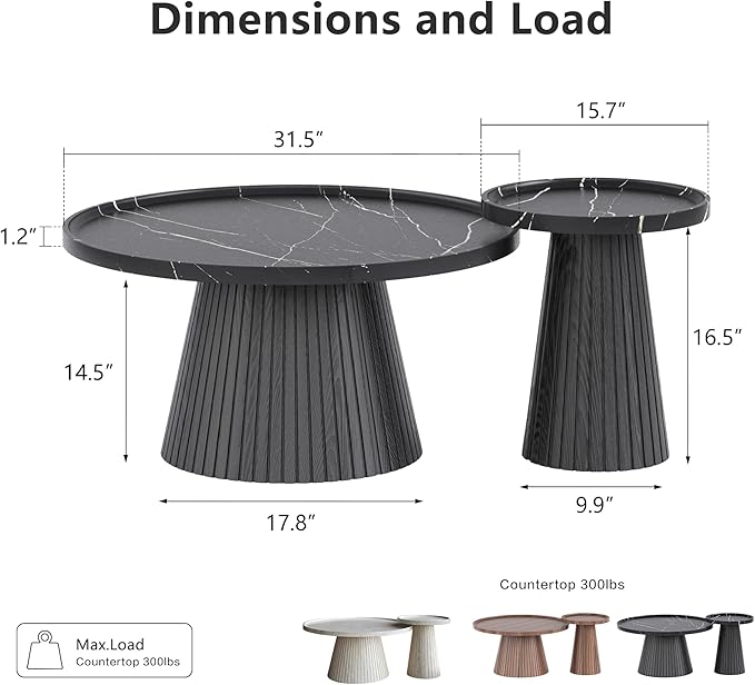 win2win Nesting Coffee Table Set of 2, Modern Coffee Table with Marble Veneer, Fluted Round Tea Table and End Table Set, Minimalist Center Tables for Living Room, Office, Black