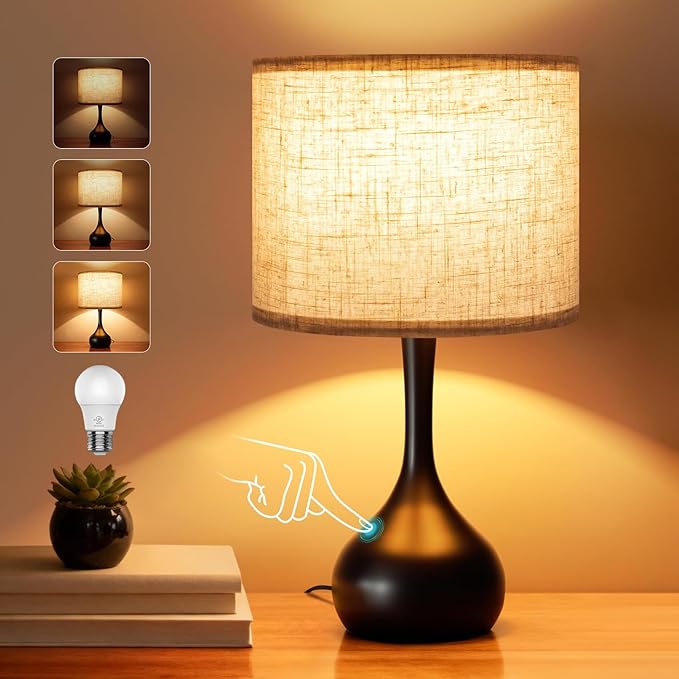 ONEWISH Touch Bedside Lamp for Bedroom, 3-Way Dimmable Table Lamps for Nightstand with Cylindrical Fabric Shade, Desk Lamp for Living Room, End Tables, Home Office